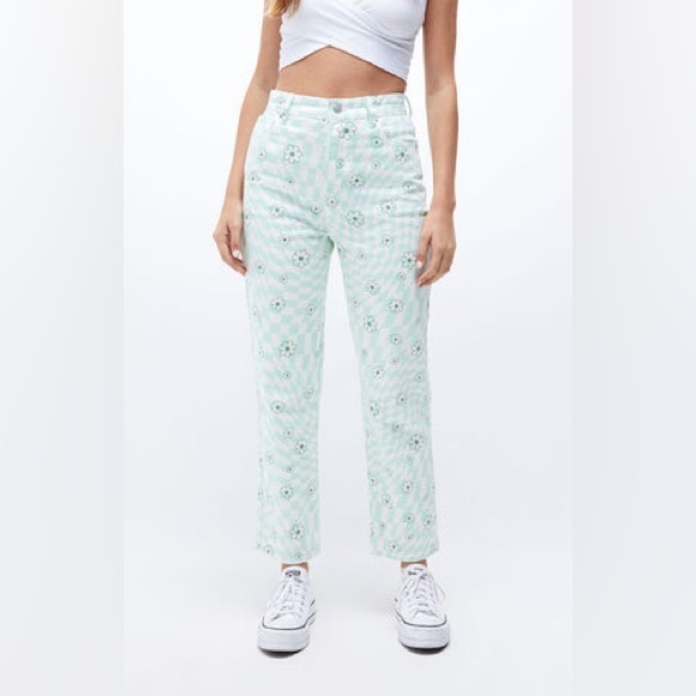 PacSun | Women's  Eco Green Checkerboard Flower High Waisted Straight Leg Jeans